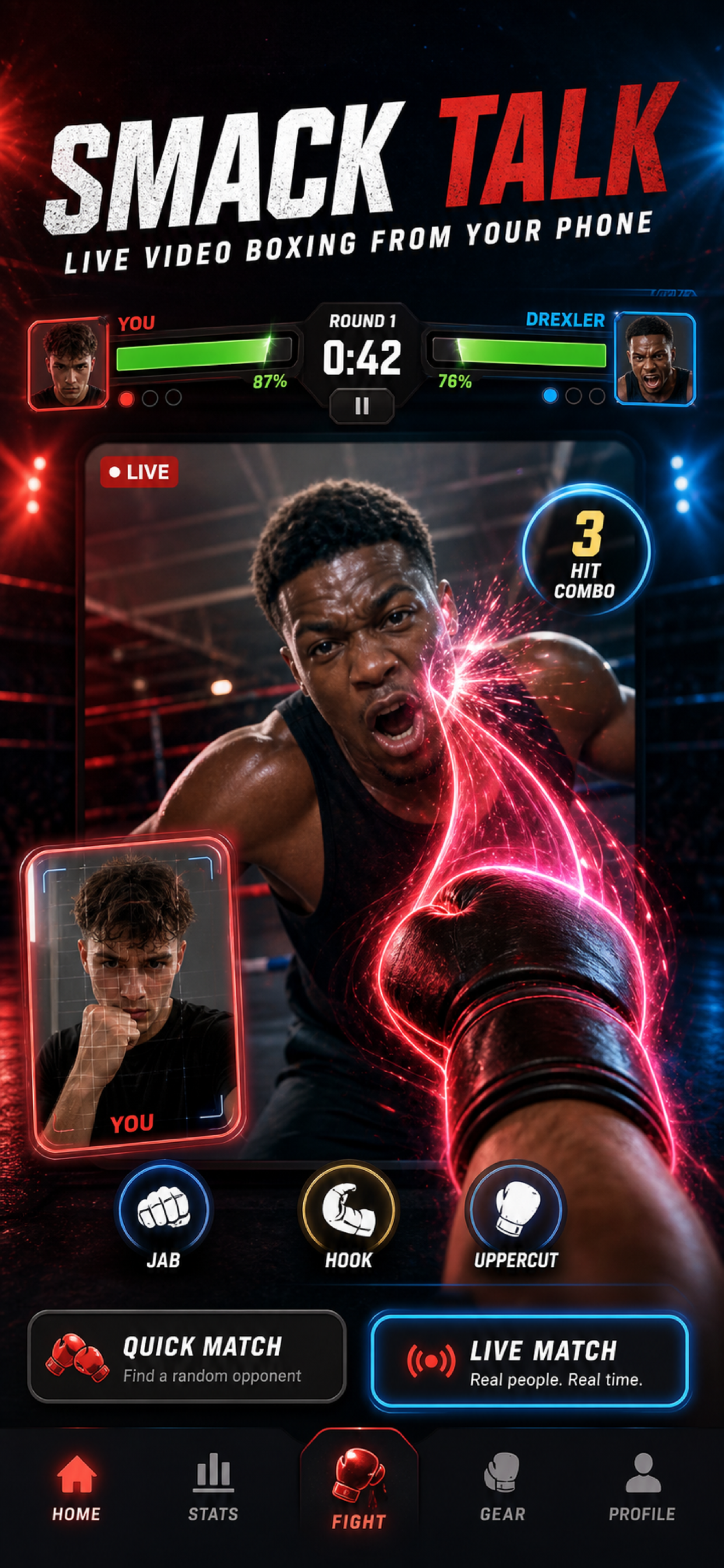 Smack Talk live video boxing match screen with health bars and punch effects