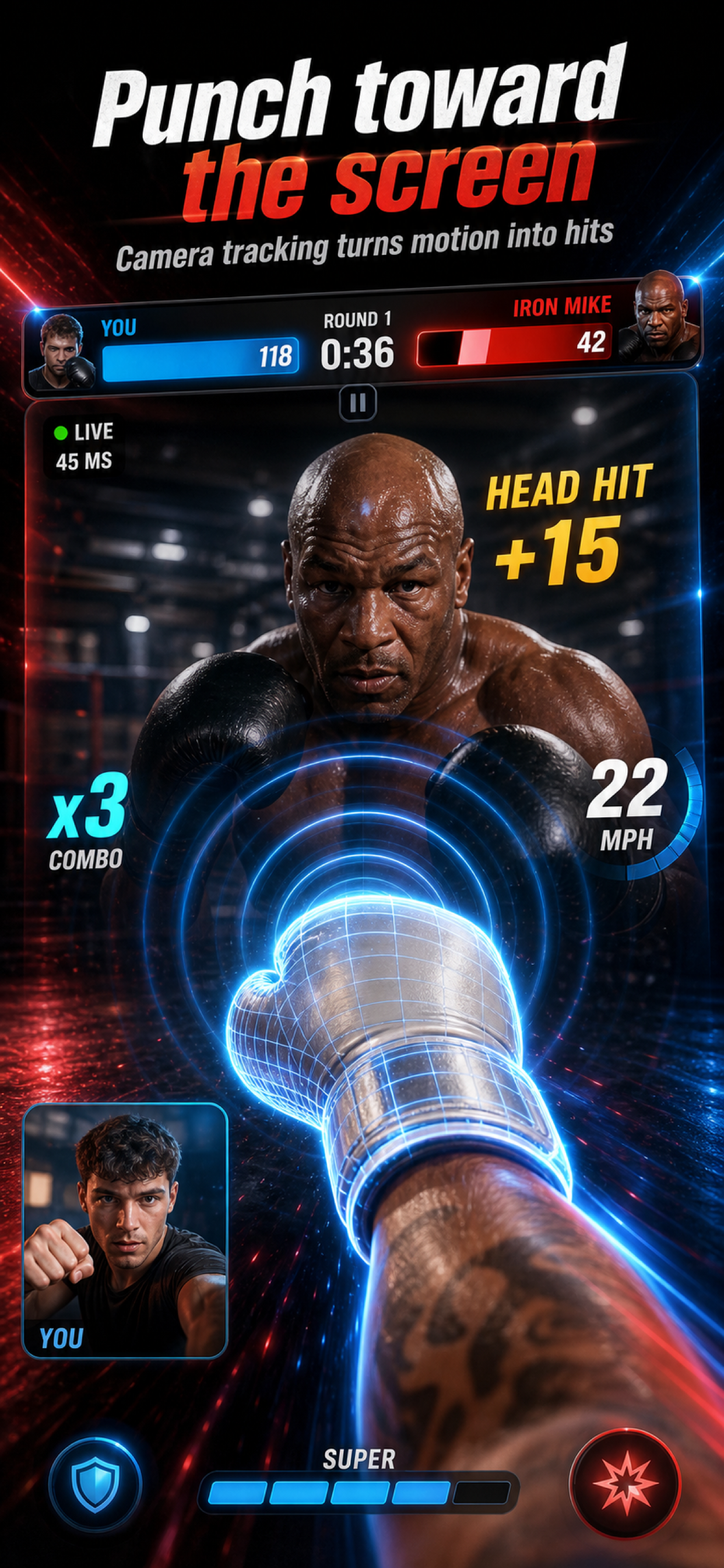 Smack Talk camera-tracked punch screen with hit feedback and punch speed